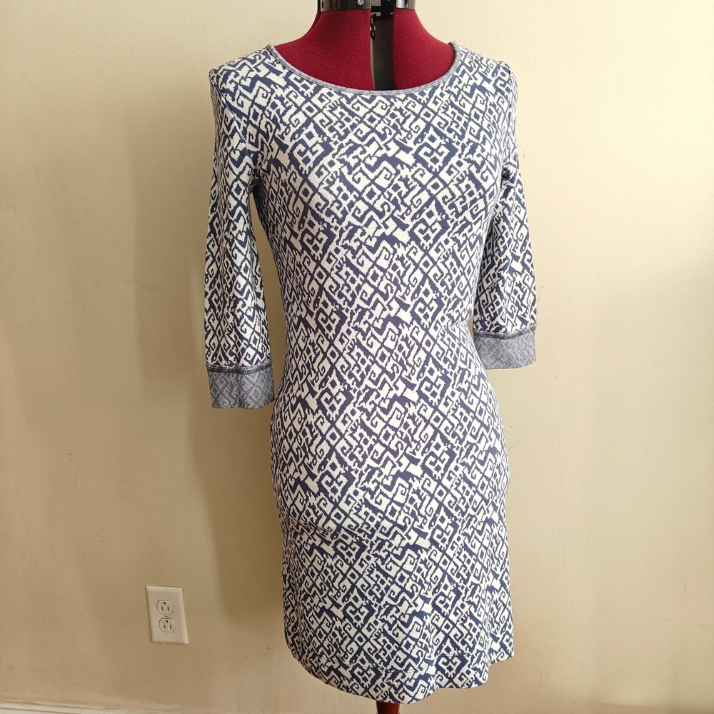 TART Women's Bodycon Dress Knit 3/4 Long Sleeve Blue White Geometric Print Small